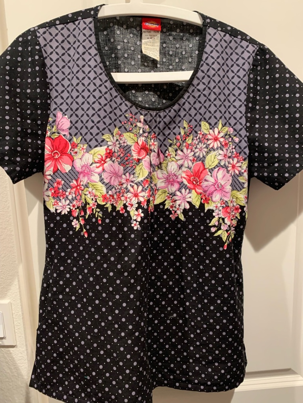 Dickies Black Scrub Top with Light Gray Polka Dots
